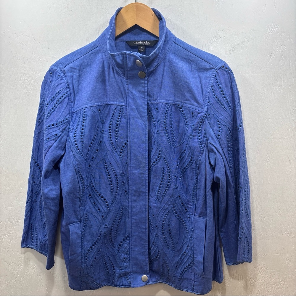 Chadwicks Boston Perfect cottagecore Periwinkle Blue Linen Eyelet Zip Jacket M